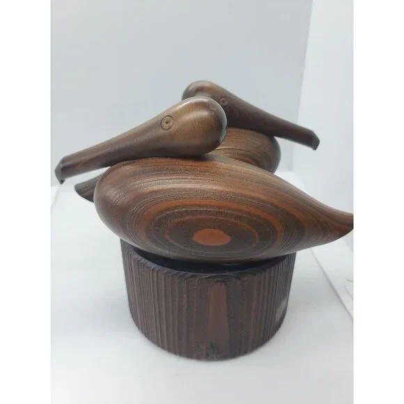 VTG MCM Shakey's Noisy Oyster Cypress Wood Carved Pelicans Figurine - Picture 7 of 14